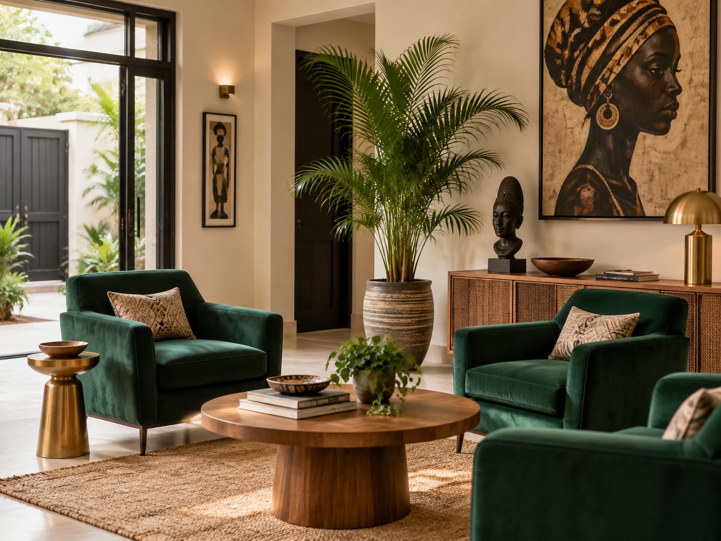 Elegant guest lounge with emerald seating